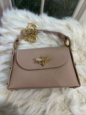 Women's Beige Leather Crossbody Bag with Gold Bee Accent